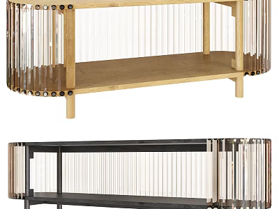 Modern TV Stand Featuring Wooden And Black Frame With Clear Vertical Strips Design 3d model