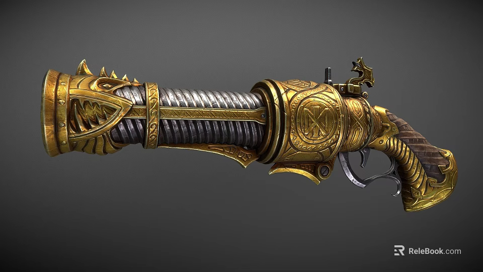 Ornate Gold And Silver Pistol With Mythical Creature Design For Fantasy Warrior Character 3d model 