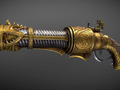 Ornate Gold And Silver Pistol With Mythical Creature Design For Fantasy Warrior Character 3d model
