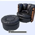 Modern Black Leather Single Sofa With Round Ottoman And Wooden Arms