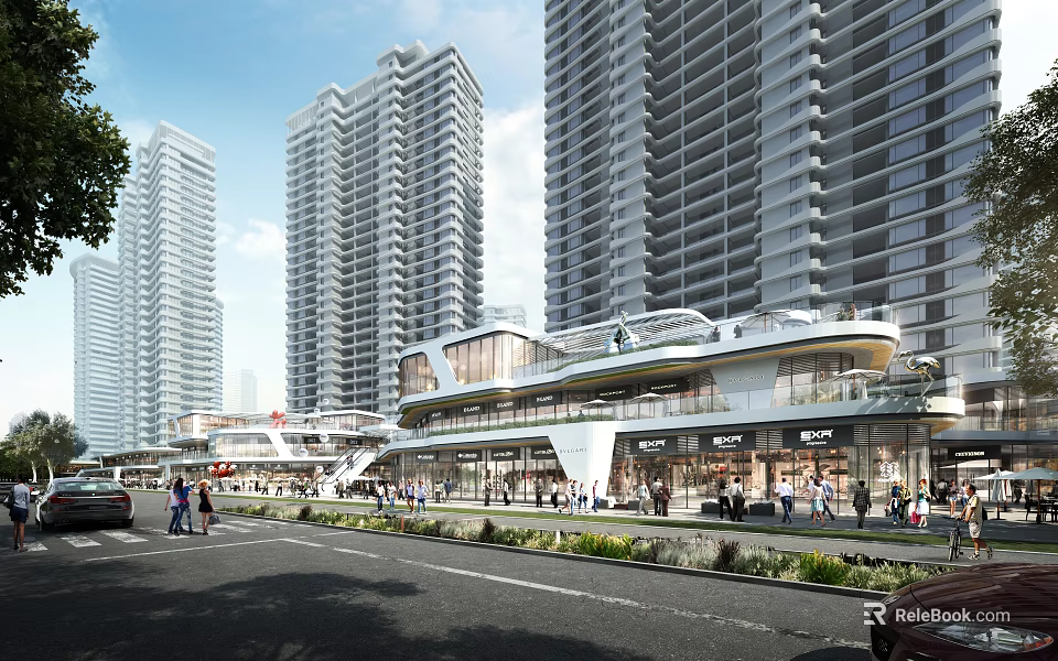 Vibrant Commercial Street With Modern High Rise Buildings Pedestrians Stylish Shops And Urban Greenery 3d model 