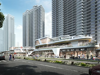 Vibrant Commercial Street With Modern High Rise Buildings Pedestrians Stylish Shops And Urban Greenery 3d model