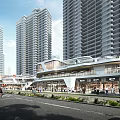 Vibrant Commercial Street With Modern High Rise Buildings Pedestrians Stylish Shops And Urban Greenery