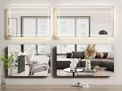 Modern Lighted Rectangular Mirror Reflecting Living Room Interior With Sofa Plant And Window 3d model