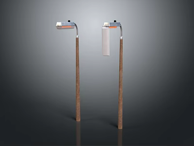 Modern Outdoor Street Lamps With Wooden Poles Curved Metal Tops And White Panels 3d model