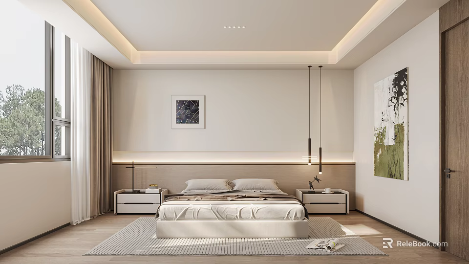 Modern Minimalist Bedroom With Wall Art Nightstands Pendant Lights Rug And Curtains 3d model 