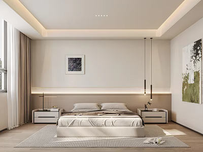 Modern Minimalist Bedroom With Wall Art Nightstands Pendant Lights Rug And Curtains 3d model