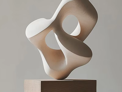 Modern Wooden Sculpture With Flowing Curves And Hollow Voids On Wooden Base 3d model