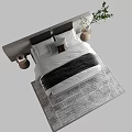 Modern Double Bed With Grey Black Headboard White Sheets Grey Blankets Round Side Table Rug 3d model