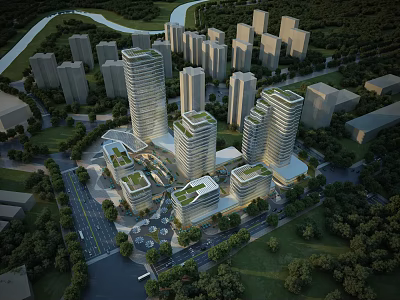 Modern Office Buildings Complex With Green Roofs Neatly Planned Surrounded By Trees And Roads 3d model