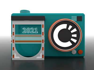 Teal 2021 Camera With Circular Lens Decorative Stripes And Buttons 3d model