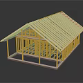 Wooden House Frame Structure With Yellow Wooden Roof Beams Under Construction Exposed Framing