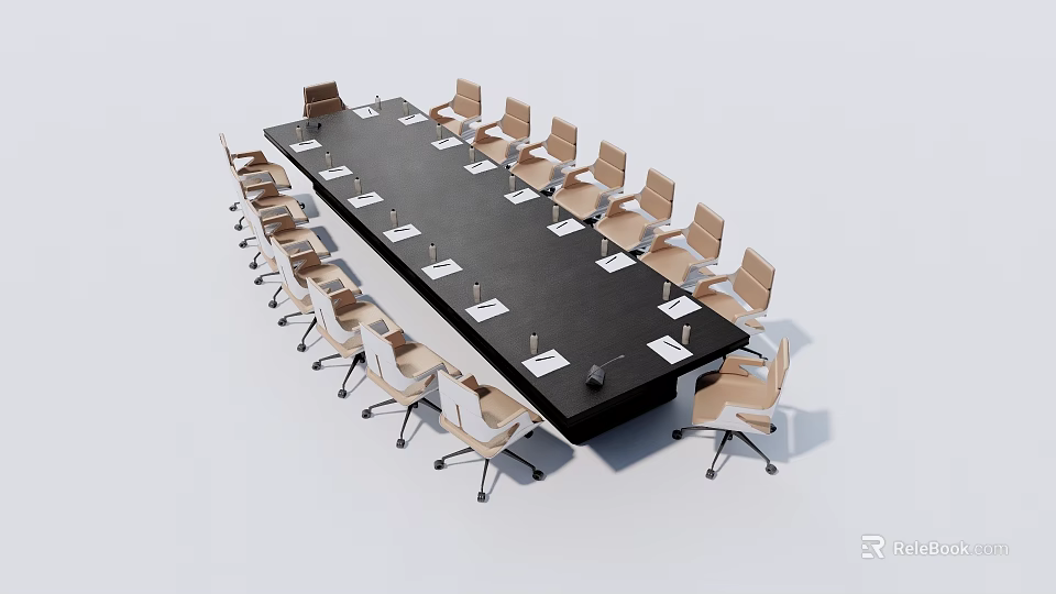Modern Conference Table With Black Surface And Surrounding Office Chairs With Notebooks 3d model 