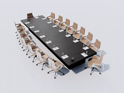 Modern Conference Table With Black Surface And Surrounding Office Chairs With Notebooks 3d model