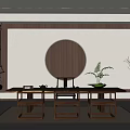 Minimalist Modern Tea Room Interior Design With Round Wooden Decor Tea Table And Potted Fern