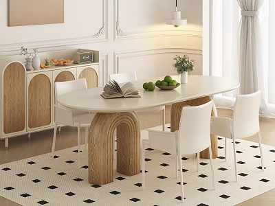 Elegant Oval Dining Table Set with Wooden Legs White Chairs Sideboard Fruit Decor Pendant Light 3d model