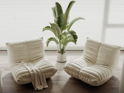 Beige Lazy Sofas With Green Plant Blinds And Wooden Floor Interior 3d model