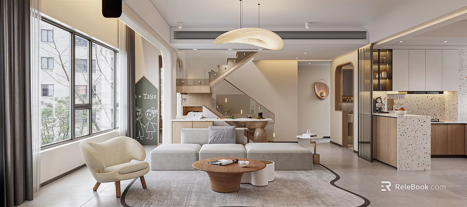 Modern Living and Dining Room Interior With Sofa Coffee Table And Pendant Light 3d model 