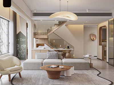 Modern Living and Dining Room Interior With Sofa Coffee Table And Pendant Light 3d model