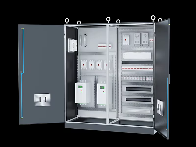 Industrial Electrical Control Panel Featuring Open Door Internal Circuit Breakers Control Modules And Indicator Lights 3d model