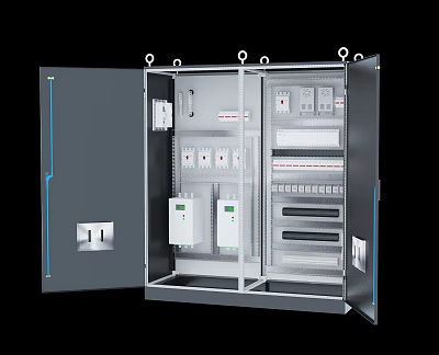 Industrial Electrical Control Panel Featuring Open Door Internal Circuit Breakers Control Modules And Indicator Lights 3d model