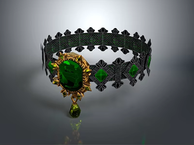 Vintage Decorative Headpiece with Black Frame Green Gemstones Gold Accents and Geometric Design 3d model