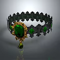Vintage Decorative Headpiece with Black Frame Green Gemstones Gold Accents and Geometric Design