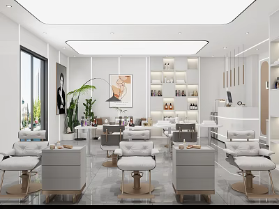 Bright Modern Beauty Hair Salon Interior With Comfortable Chairs Mirrors Product Shelves And Green Plants 3d model