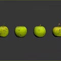 Four Fresh Green Apples With Small Spots On Black Background With Reflections