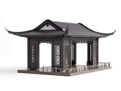 Classic Chinese Traditional Pavilion With Carved Columns And Curved Roof Eaves 3d model