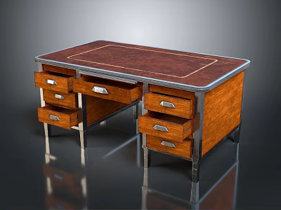 Vintage Wooden Desk with Leather Top Metal Frame Multiple Drawers and Chrome Legs 3d model