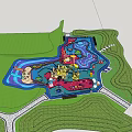 Kids Playground With Colorful Ground Excavator Shaped Play Equipment Circular Mats And Trees