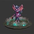 Cute Game and Movie Character With Pink Ears Blue Outfit Holding Device Glowing Circular Base