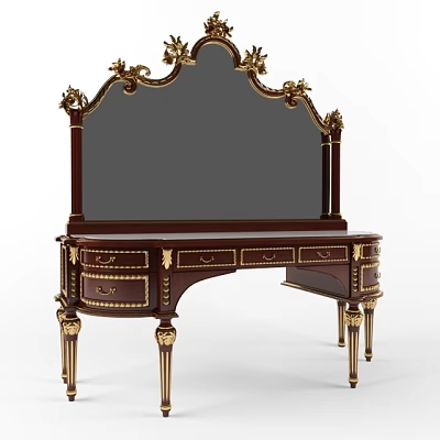 Luxury Classic Vanity Dressing Table With Gold Ornate Mirror And Drawers 3d model