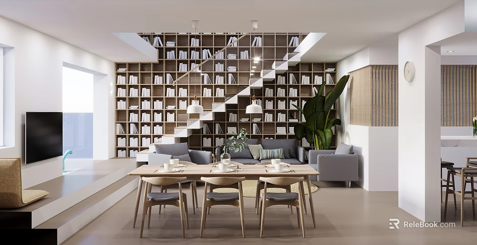 Modern Restaurant Interior With Wooden Dining Table Chairs Bookshelf Wall Staircase And Green Plant 3d model 
