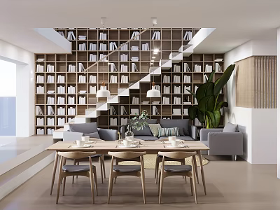 Modern Restaurant Interior With Wooden Dining Table Chairs Bookshelf Wall Staircase And Green Plant 3d model