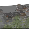 Ancient Chinese Architecture Featuring Traditional Tiled Roof Courtyard Layout and Surrounding Trees with Stone Pavement