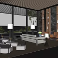 Modern Spacious Sales Office Interior With Large Windows Sofa Seating And Green Plants