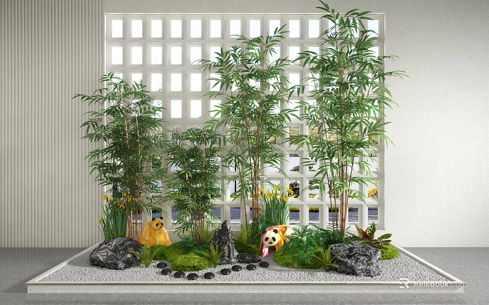 Garden Decorative Setup Featuring Bamboo Plants Rock Ornaments Panda Figurines And Stone Path 3d model 