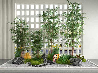 Garden Decorative Setup Featuring Bamboo Plants Rock Ornaments Panda Figurines And Stone Path 3d model
