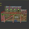 Wooden Cabin Model With Gabled Roof Red Edges Balcony And Staircase