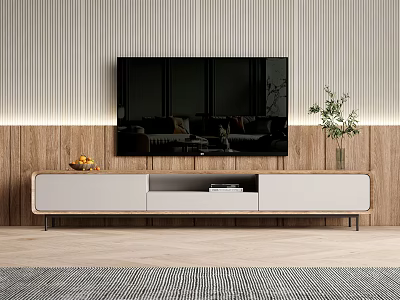 Modern White and Wooden TV Stand with Decorative Fruits Plant on Wooden Striped Wall 3d model