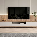 Modern White and Wooden TV Stand with Decorative Fruits Plant on Wooden Striped Wall