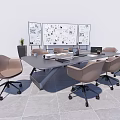 Modern Conference Table With Brown Chairs Laptop Printer And Whiteboard Charts 3d model