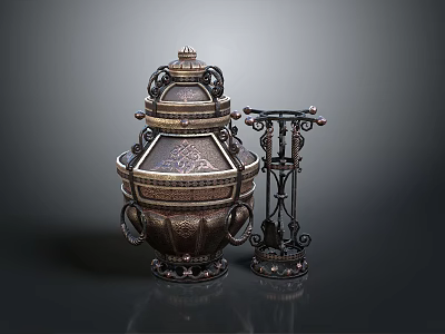 Antique Style Ornate Metal Container With Intricate Carvings And Decorative Stand 3d model