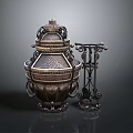 Antique Style Ornate Metal Container With Intricate Carvings And Decorative Stand