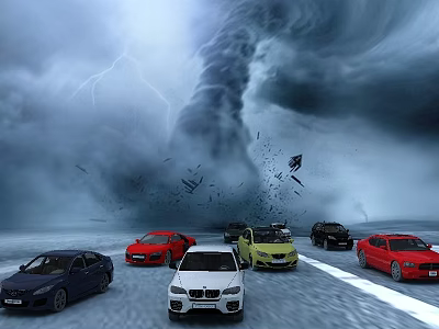 Multiple Cars Parked On Snowy Ground During Tornado With Lightning And Dark Clouds 3d model