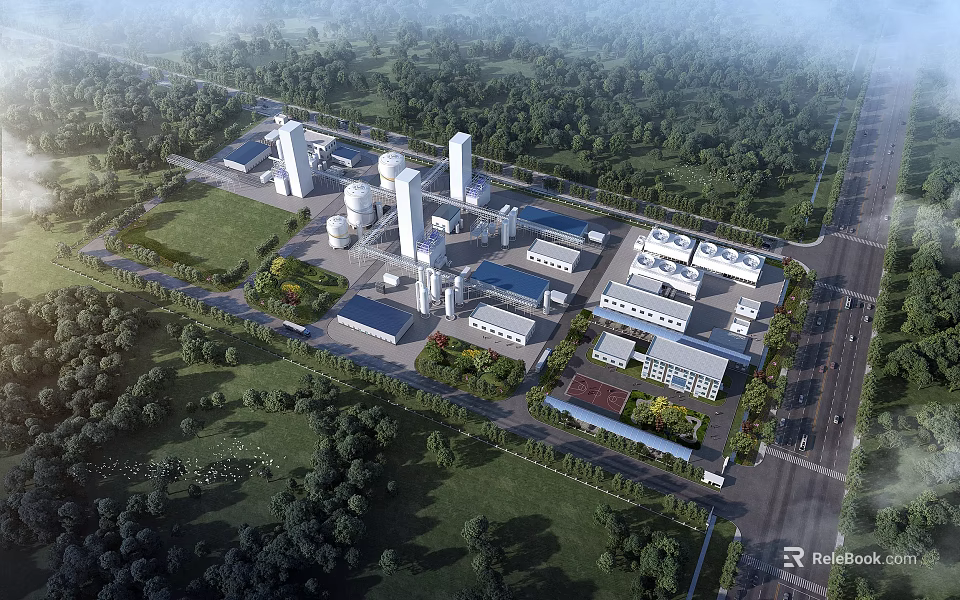 Aerial View Of Industrial Plant Featuring Green Surroundings Multiple Buildings And Towers 3d model 