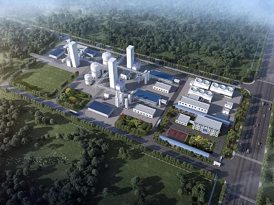 Aerial View Of Industrial Plant Featuring Green Surroundings Multiple Buildings And Towers 3d model