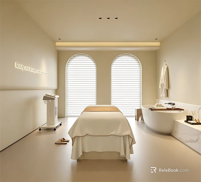 Minimalist Beauty Salon Interior With Massage Table Bathtub And Arched Windows 3d model 